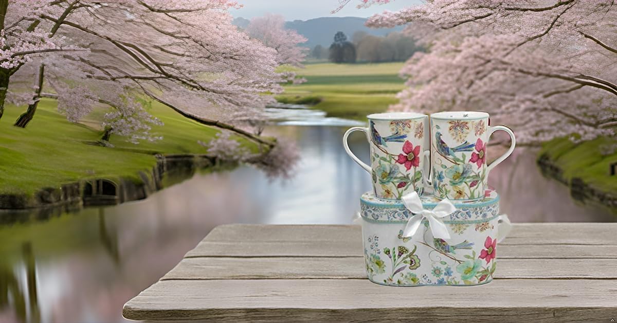 Lightahead Elegant Bone China Two Coffee Mugs set in Blue bird design 11.2 oz each cup in