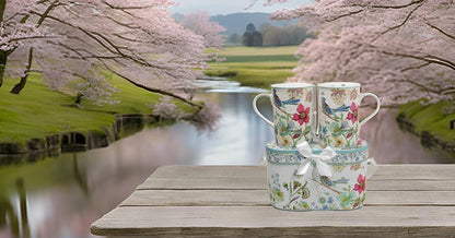 Lightahead Elegant Bone China Two Coffee Mugs set in Blue bird design 11.2 oz each cup in