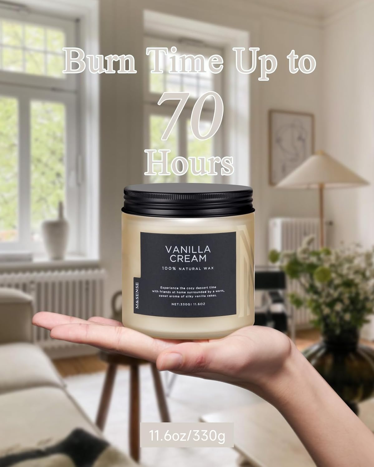 M&SENSE Vanilla Soy Candles, Medium 2 Wick 11.6oz 70 Hours Burning Time, All Natural Organic Soy