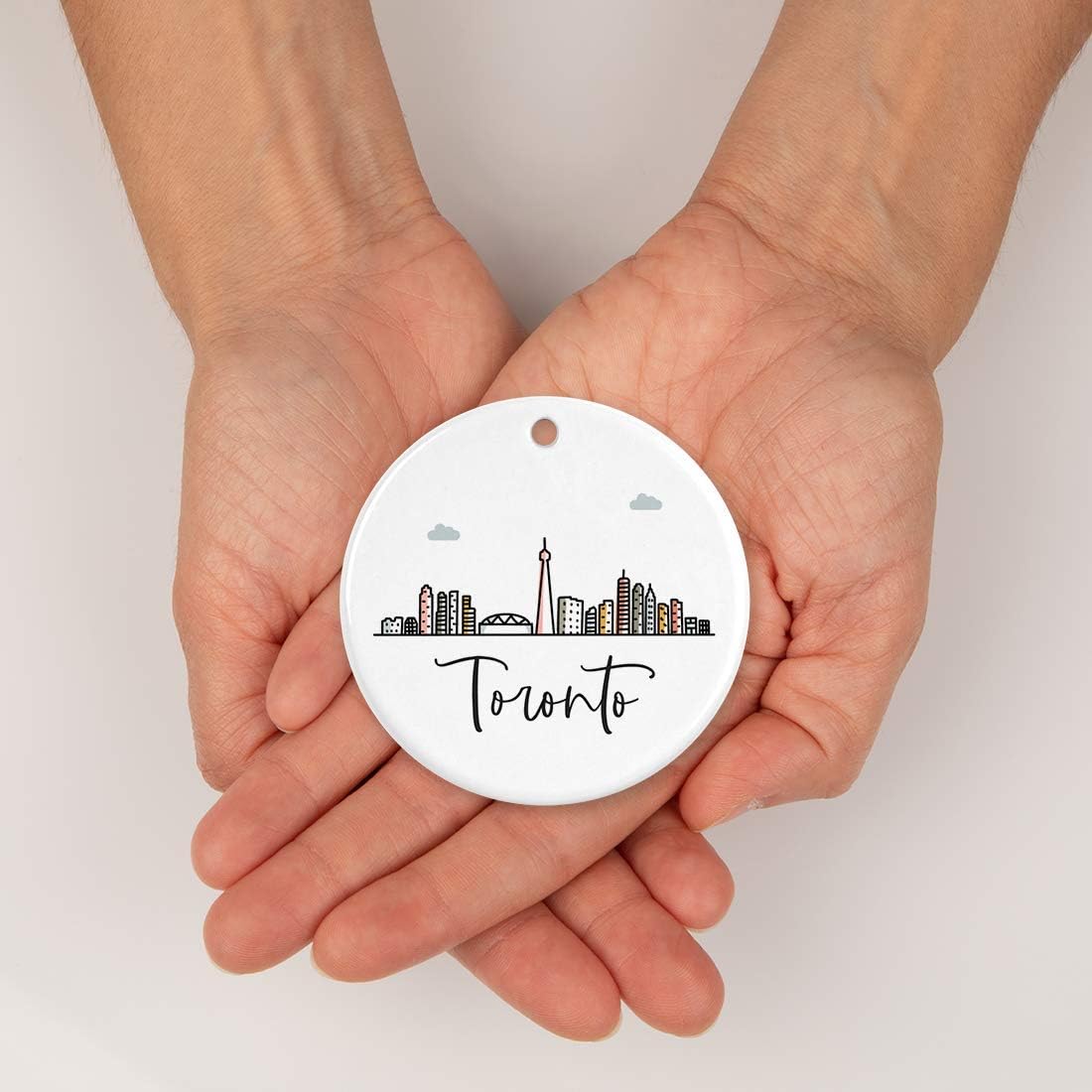 Andaz Press Round Ceramic Porcelain Christmas Tree Ornament Keepsake Gift, Toronto, Colorful
