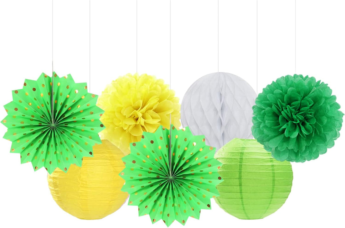 Yellow-White Green Party-Decorations Streamers-Lanterns - 14pcs Spring Summer Garden Tea Paper