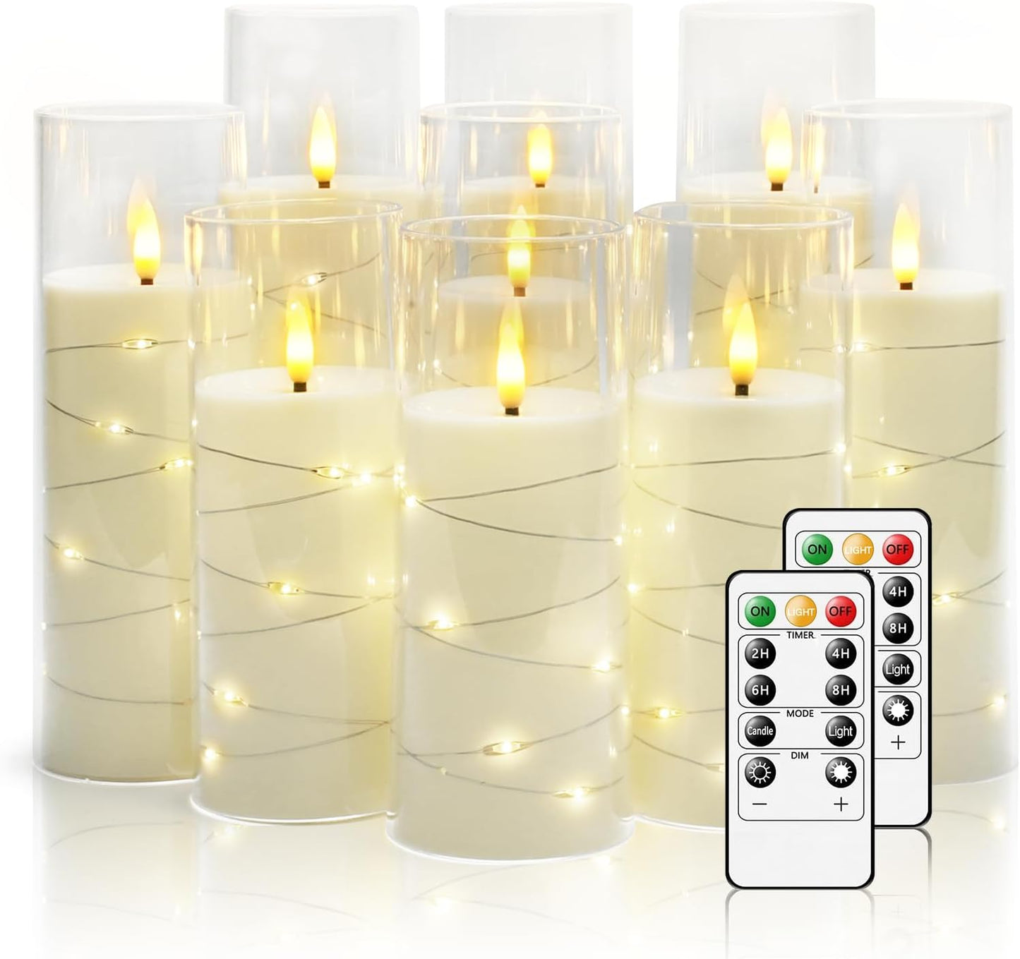 Flickering Flameless LED Candles, 9 Pcs with Embedded Star String, Acrylic LED Pillar Candles with