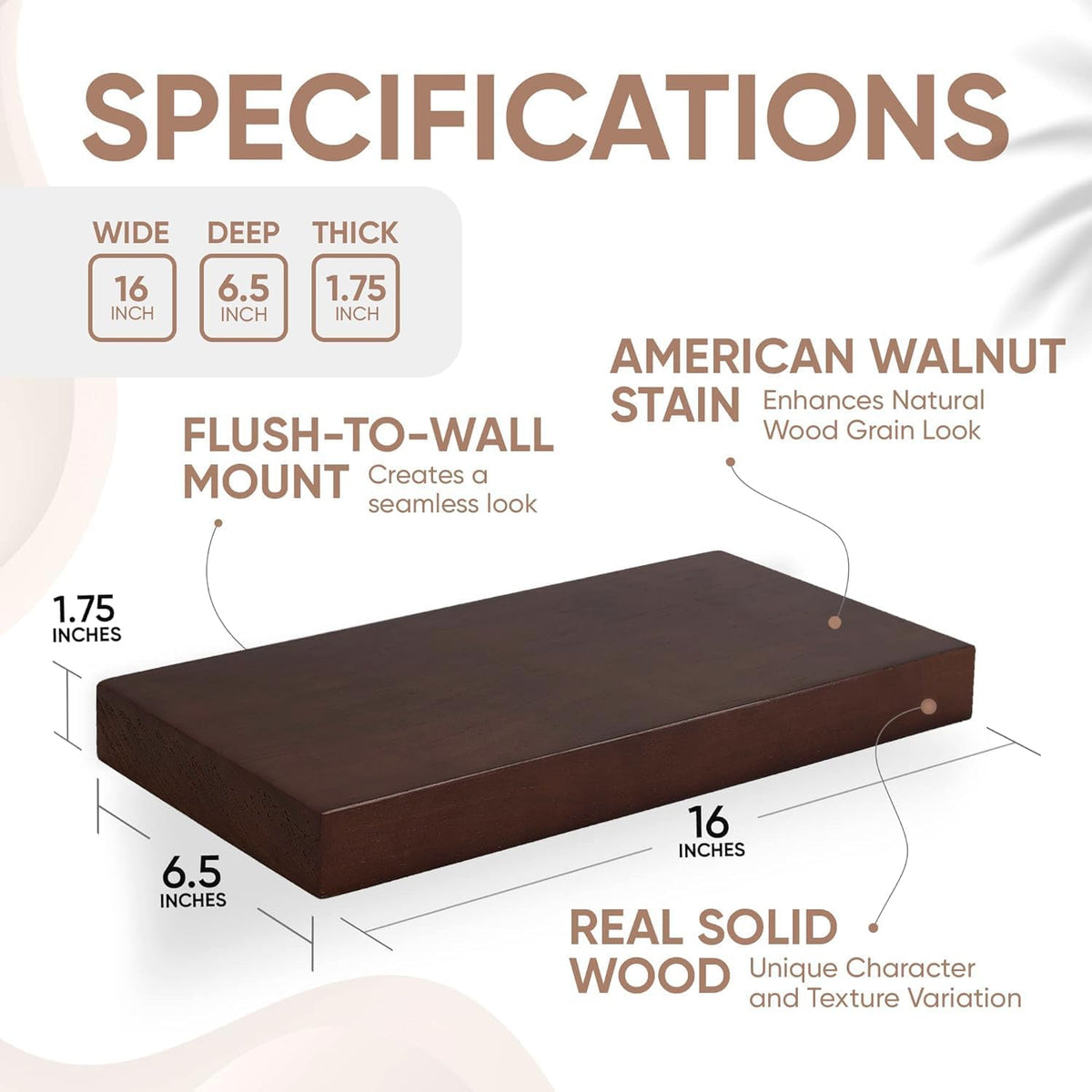 Homeforia Walnut Floating Bathroom Shelves, High End Solid Real Wood 16 inch Small Floating Shelf