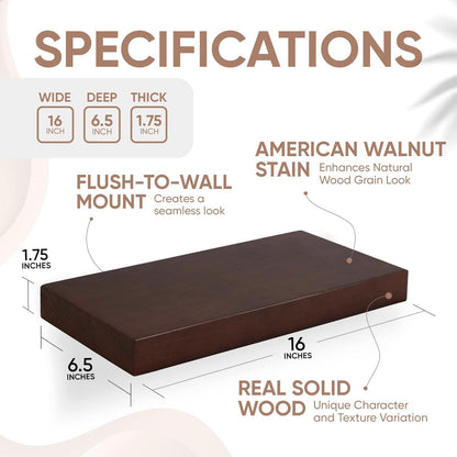 Homeforia Walnut Floating Bathroom Shelves, High End Solid Real Wood 16 inch Small Floating Shelf