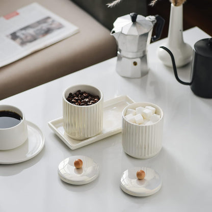Ceramic Bathroom Canister Set with Coordinating Small Vanity Tray Qtip Holder Dispenser for Cotton