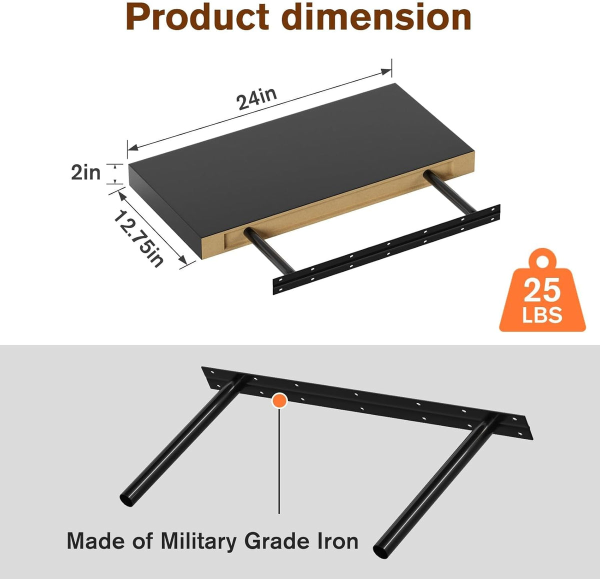 Floating Shelf, Set of 2 Wall Shelf, 24 in W x 12.75 in D x 2 in H Wooden Floating Wall Shelf with