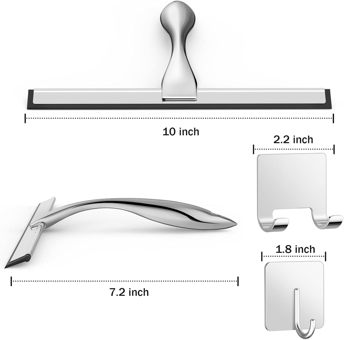 All-Purpose Stainless Steel Shower Squeegee for Shower Glass Door with 2 Adhesive Hooks, Bathroom