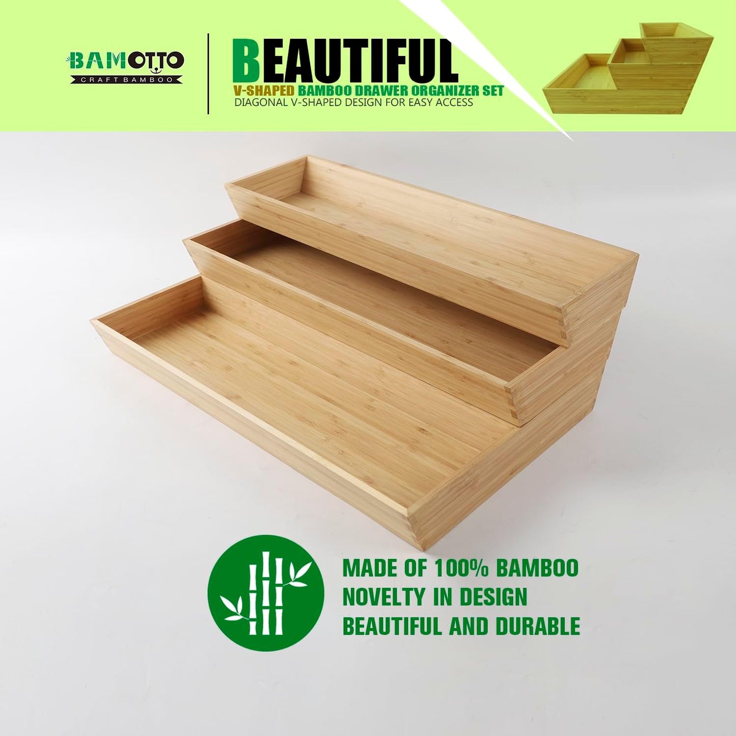 V-Shaped Bamboo Drawer Organizer Set of 3, Kitchen Large and Long Utensil Plate, Flatware &