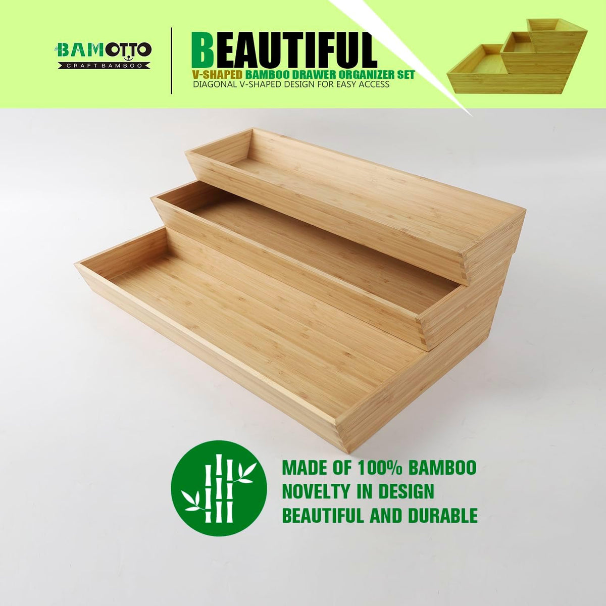V-Shaped Bamboo Drawer Organizer Set of 3, Kitchen Large and Long Utensil Plate, Flatware &
