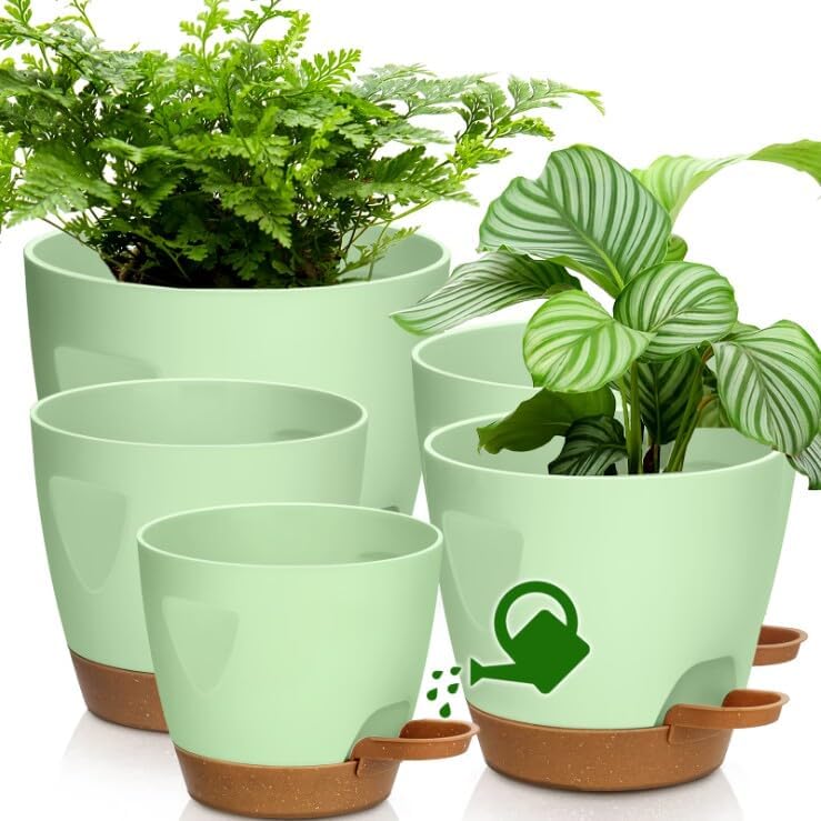 Uneed Indoor Self Watering Planters with Drainage Holes and Saucers, 7/6.5/6/5.5/5 Inch-5 Pots,for