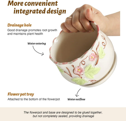 Ceramic Plant Pots with Drainage Holes and Saucers, Round Flower Pots for Indoor Plant, 3.9/5.2/6.7