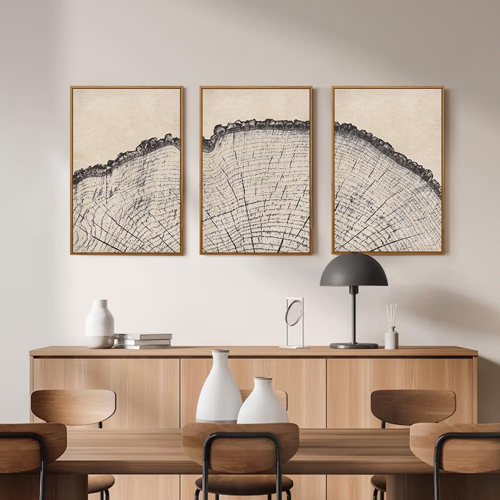 HPINUB Vintage Wood Tree Rings Wall Art Set, Framed Canvas Paintings, Black and White