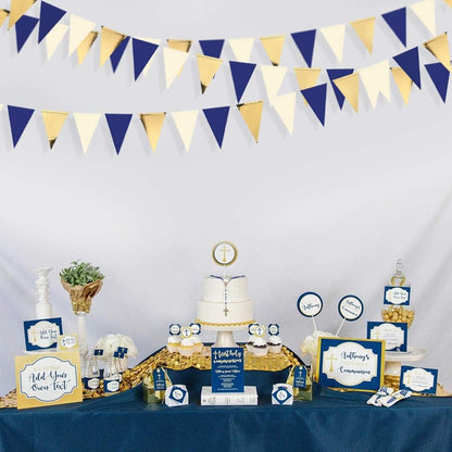 30Ft Navy Blue Gold and Beige Party Decorations Royal Blue Gold Triangle Flag Pennant Banner