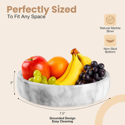 Marble Decorative Bowl - 7.5" White/Grey Solid Marble Centerpiece - Handmade Stone Fruit Bowl