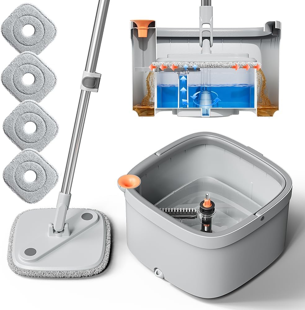 KZKR Spin Mop and Bucket Set with Self Separation Dirty and Clean Water System, Self Wringing 360°