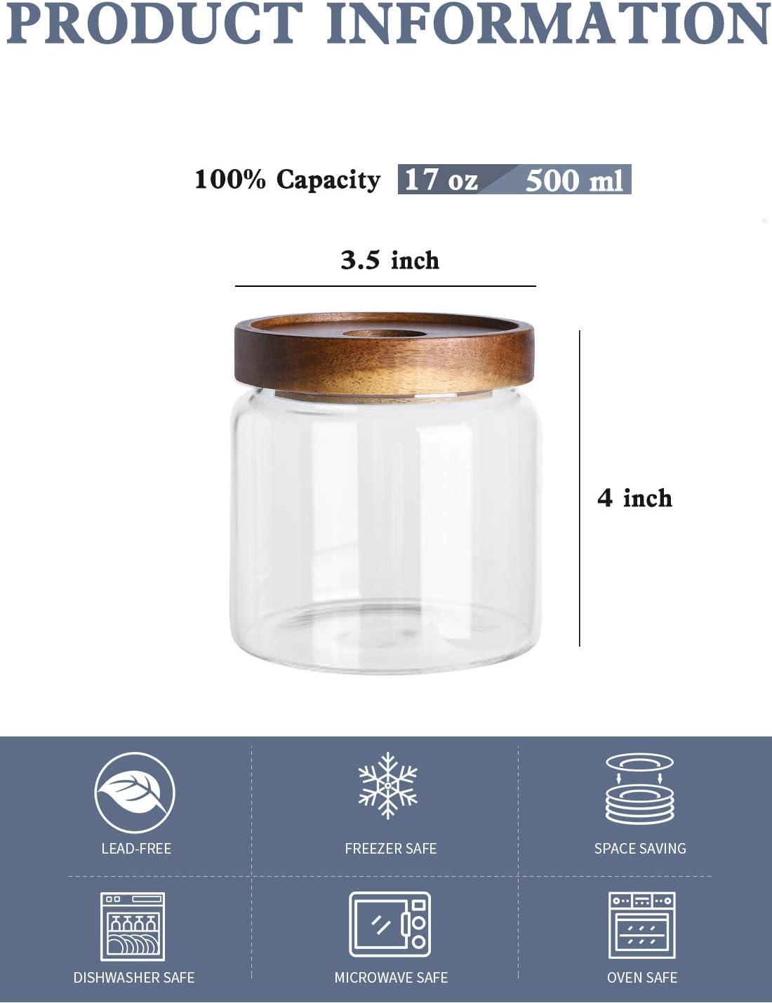 Kanwone Glass Storage Jars Set of 6, 17 Ounce Airtight Food Storage Containers with Bamboo lids