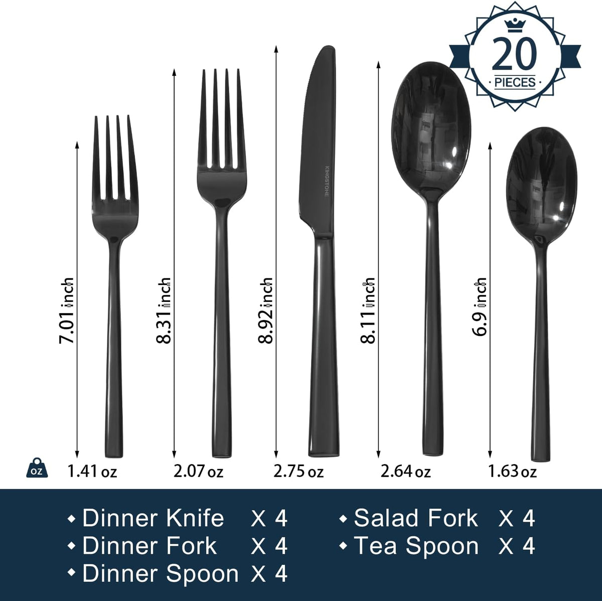 KINGSTONE Black Silverware Set, 20-Piece Forged Flatware Set Cutlery Set Premium Stainless Steel
