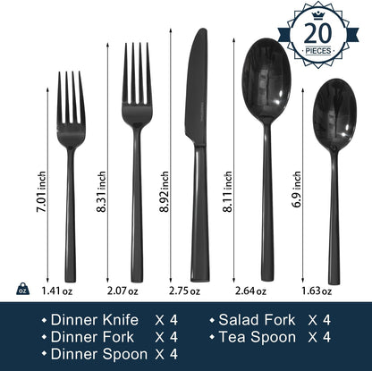 KINGSTONE Black Silverware Set, 20-Piece Forged Flatware Set Cutlery Set Premium Stainless Steel