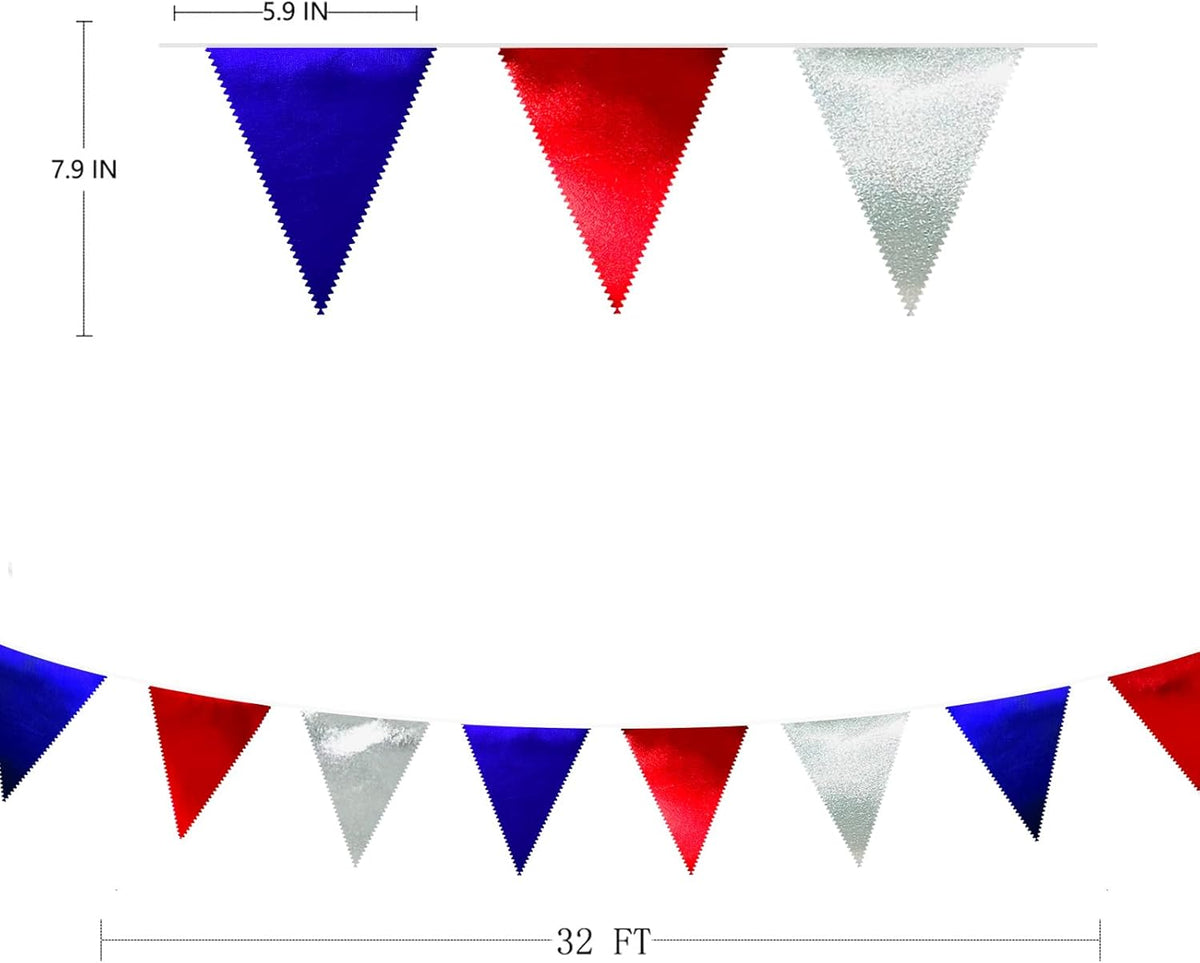 Red Blue Silver Party Decorations Metallic Fabric Triangle Pennant Banner Flag Bunting Garland for