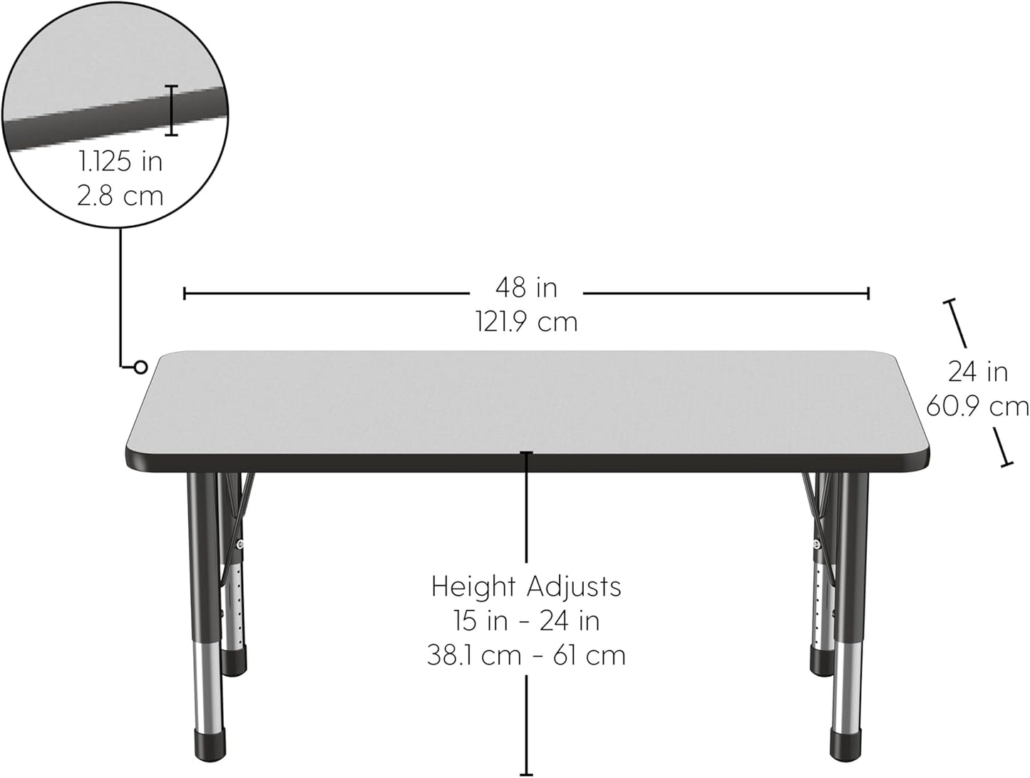 FDP Rectangle Activity School and Kids Classroom Table (24 x 48 inch), Toddler Legs, Adjustable