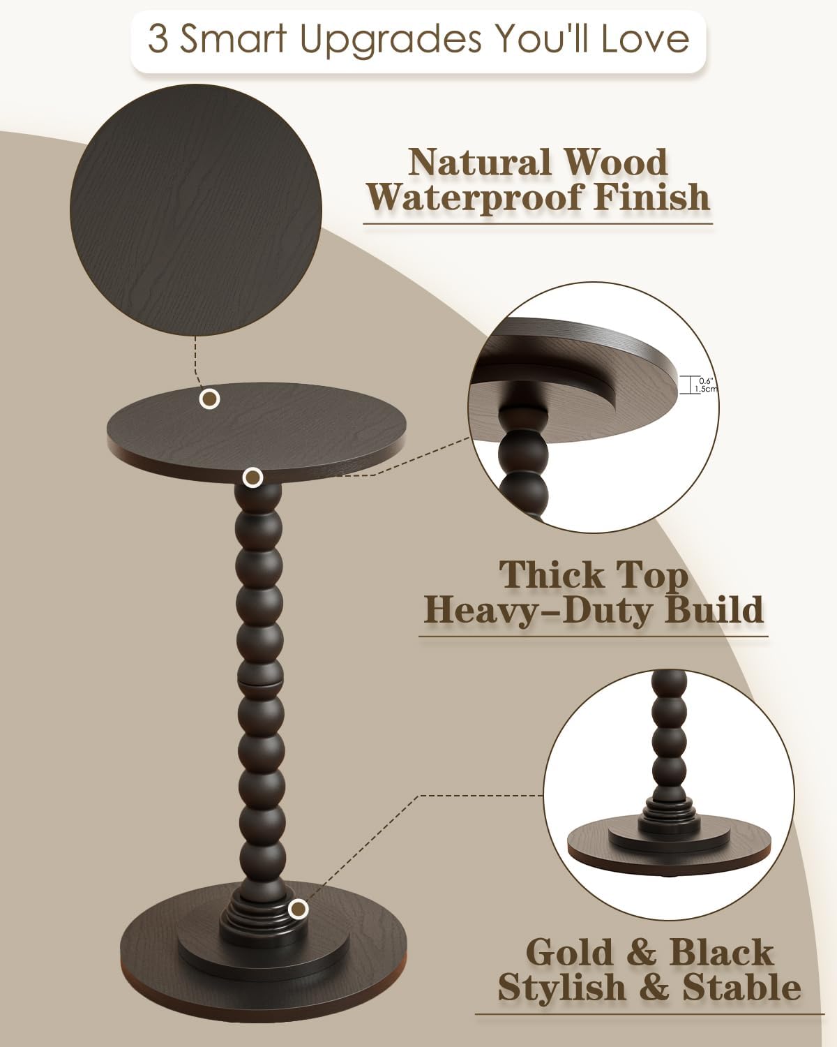 Masupu Round Side Table, Small End Table for Small Spaces, Pedestal Drink Table with Solid Wood Leg