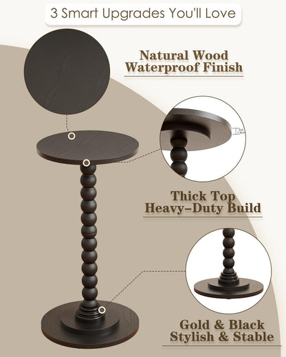 Masupu Round Side Table, Small End Table for Small Spaces, Pedestal Drink Table with Solid Wood Leg