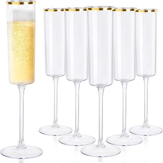 Ciaell 24 Pack Plastic Champagne Flutes - 6Oz Gold Rim Disposable Champagne Glasses - Square Clear