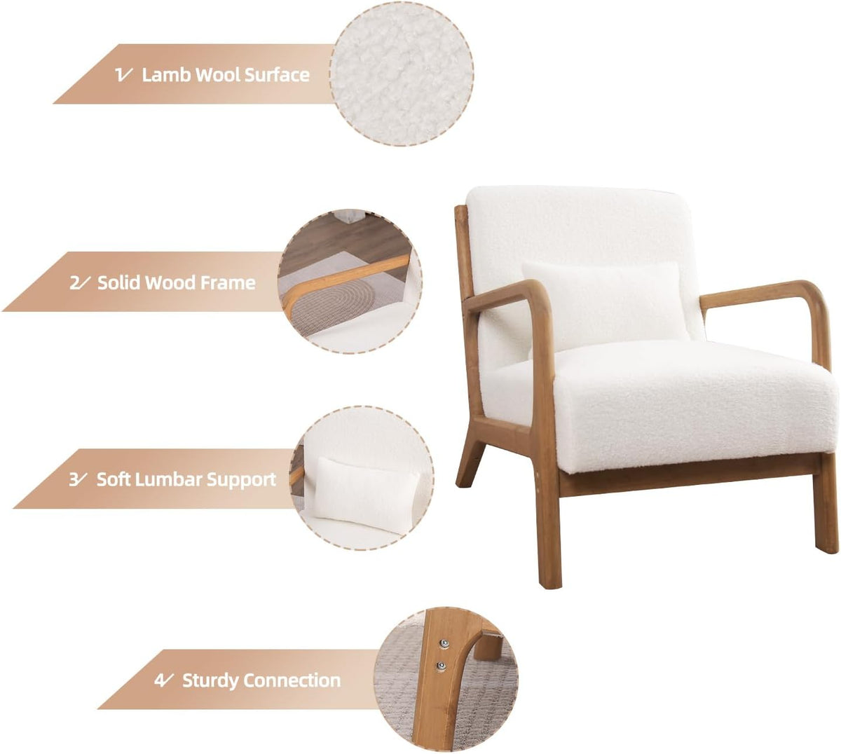 INZOY Mid Century Modern Accent Chair with Lamb Wool Fabric, Upholstered Living Room Chairs with