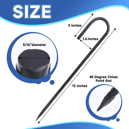 Rebar Stakes 12 inches 34-Pack Ground Stakes Heavy Duty J Hook Tent Stakes for Outdoor Decorations
