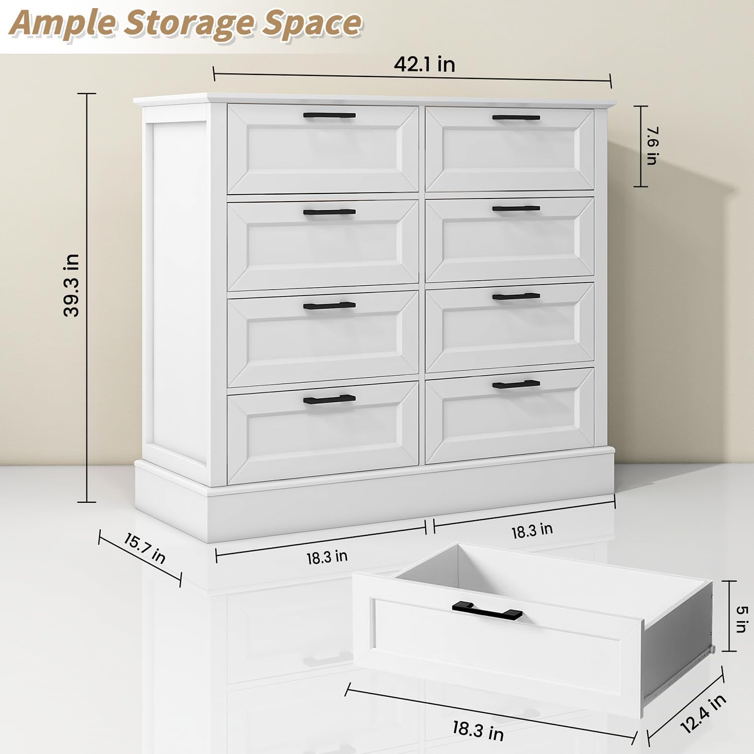 Odeekea White Dresser for Bedroom, Wood Dresser with 8 Drawers, Chest of Drawer for Bedroom Living