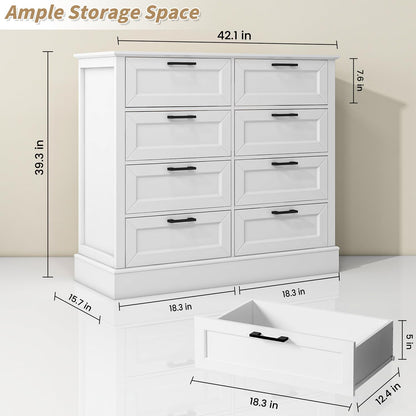 Odeekea White Dresser for Bedroom, Wood Dresser with 8 Drawers, Chest of Drawer for Bedroom Living
