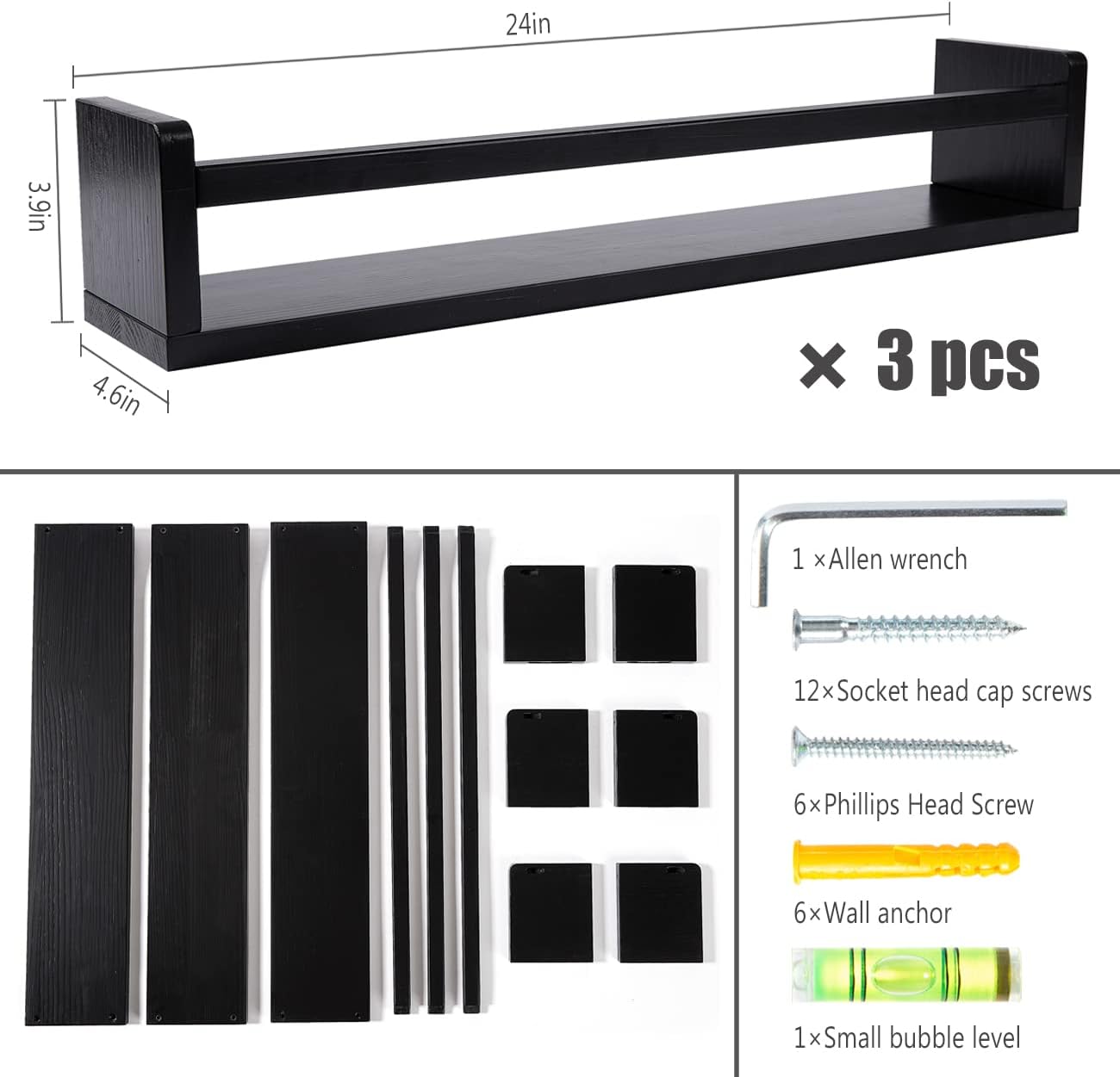 AZSKY Classic Nursery Book Shelves Black Wooden Floating Shelves Wall Bookshelf for Bathroom Decor