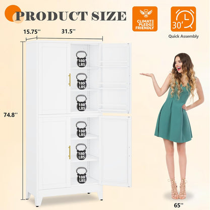 74.8" Tall Metal Food Cabinet, White Kitchen Pantry Cabinet, Storage Cabinets with 4 Door and 4