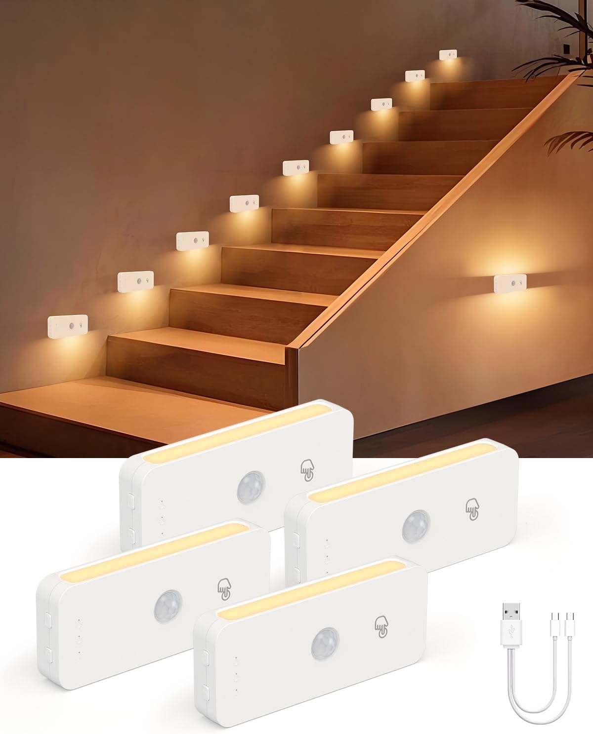 Yiliaw Motion Sensor Night Lights Indoor - Rechargeable Stick-On Stair Lights with Wireless