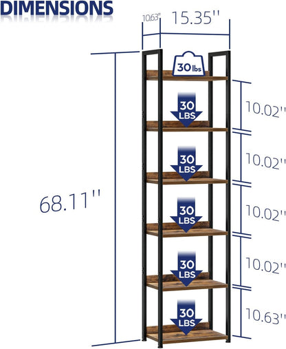 NUMENN Narrow Bookshelf, 6 Tier Bookshelves, Home Office Bookcase Shelf Storage Organizer, Free