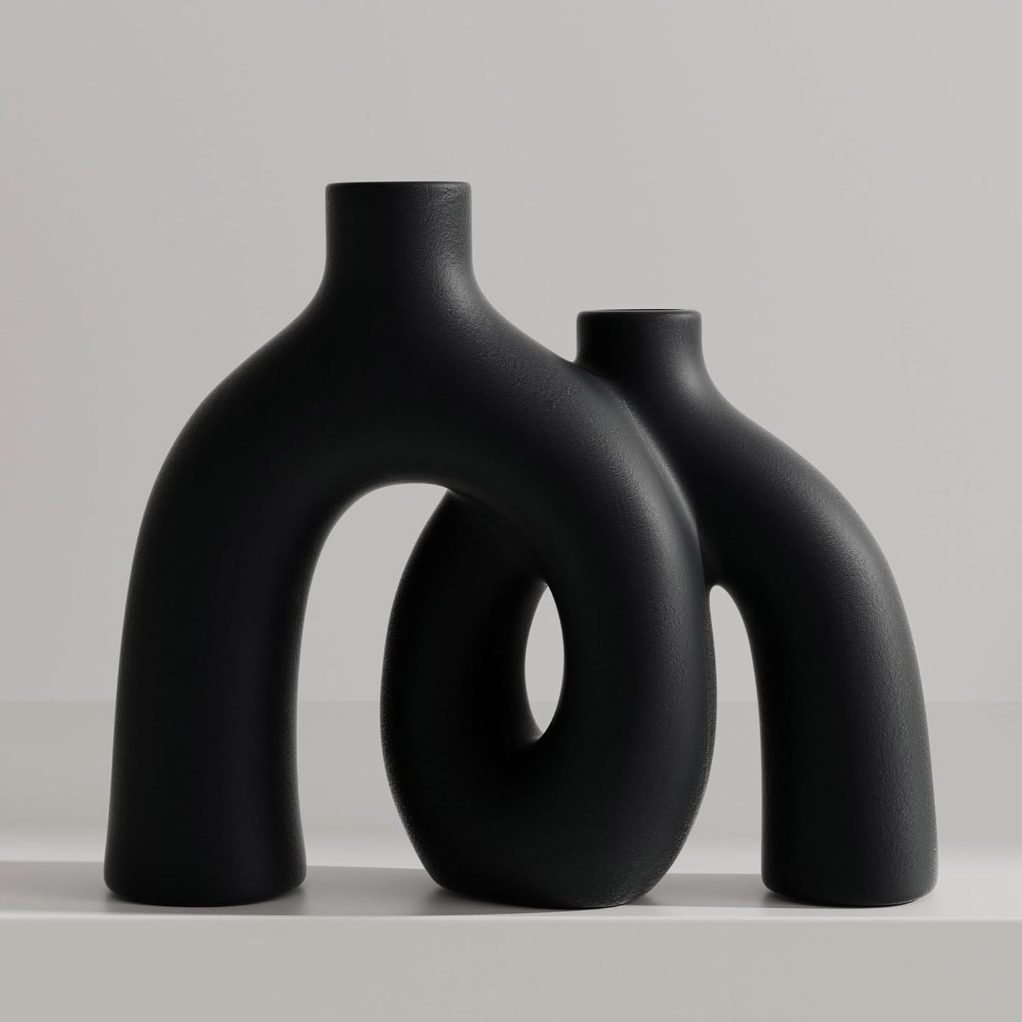 Matte Black Vase Set - Hug Hollow Donut Aesthetic Ceramic Vases Home Decor, Modern Nordic