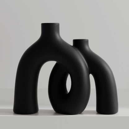 Matte Black Vase Set - Hug Hollow Donut Aesthetic Ceramic Vases Home Decor, Modern Nordic