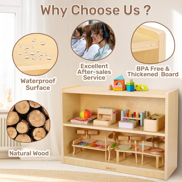 wingyz Wooden Storage Cabinet, 2-Tier Kids Toy Storage Organizer, Spacious Montessori Kids