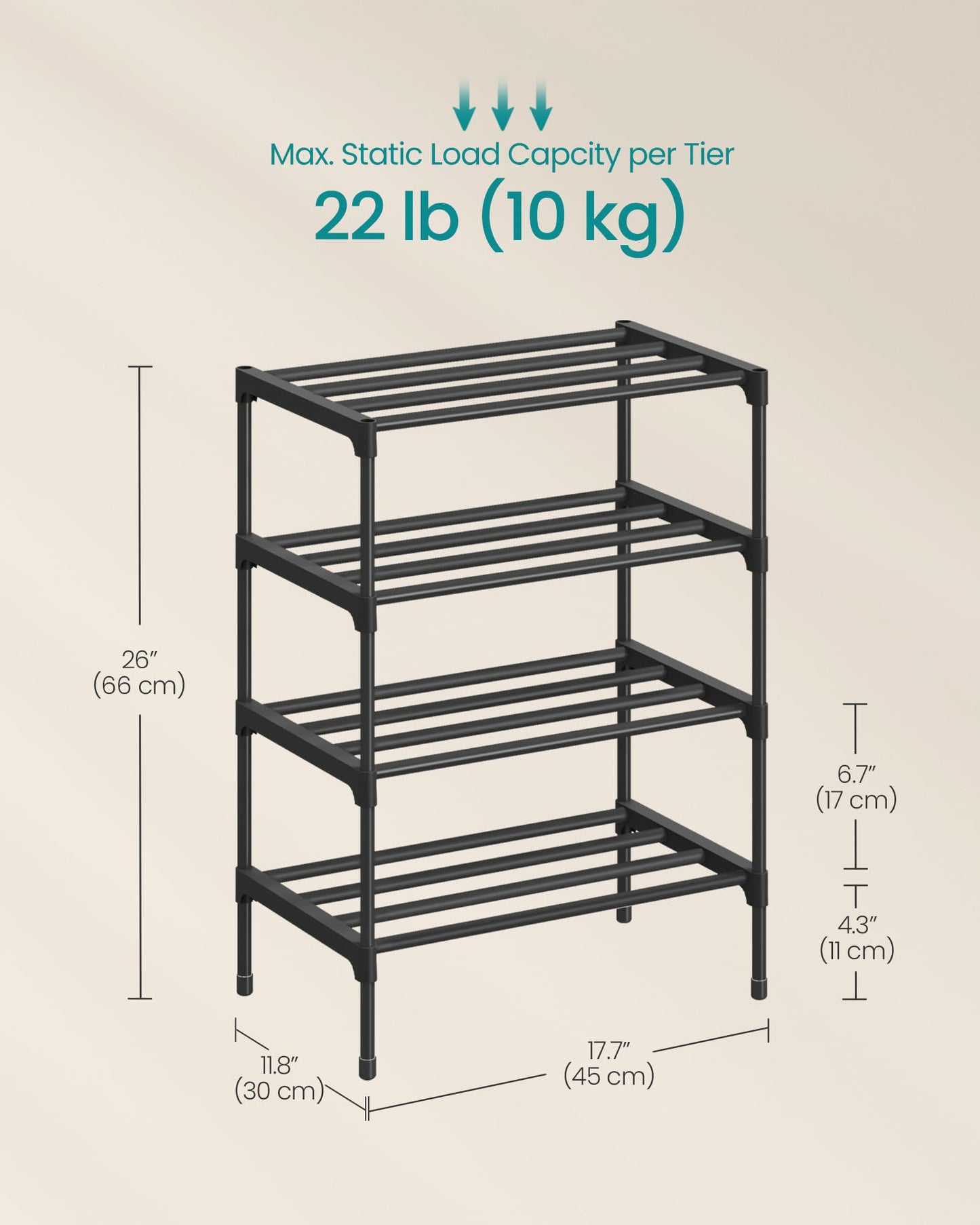 SONGMICS 4-Tier Shoe Rack, Stackable Compact Metal Shoe Storage Organizer