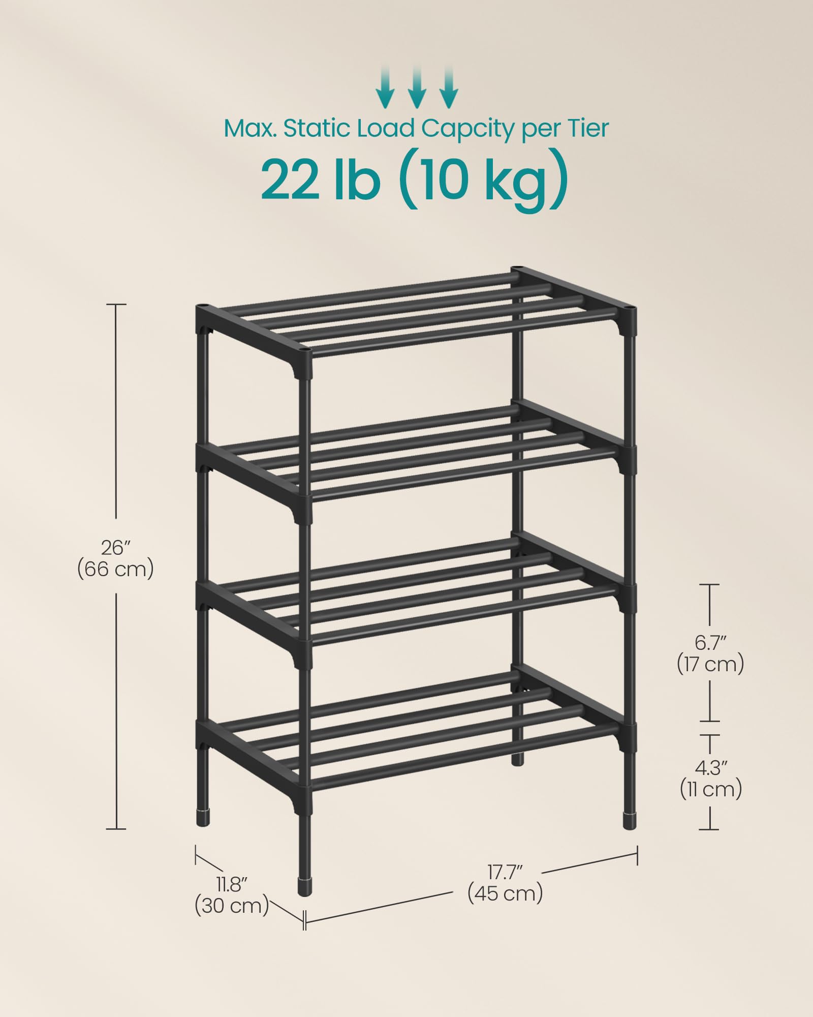 SONGMICS 4-Tier Shoe Rack, Stackable Compact Metal Shoe Storage Organizer