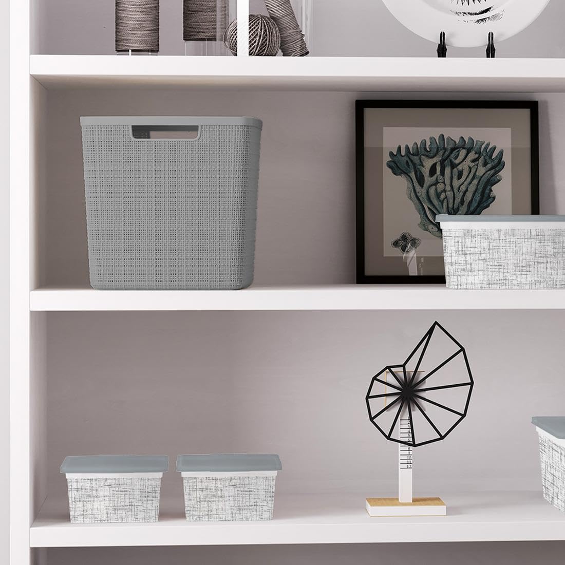 Curver Set of 4 Large Cube 17L Jute Decorative Plastic Organization and Storage Baskets - Perfect