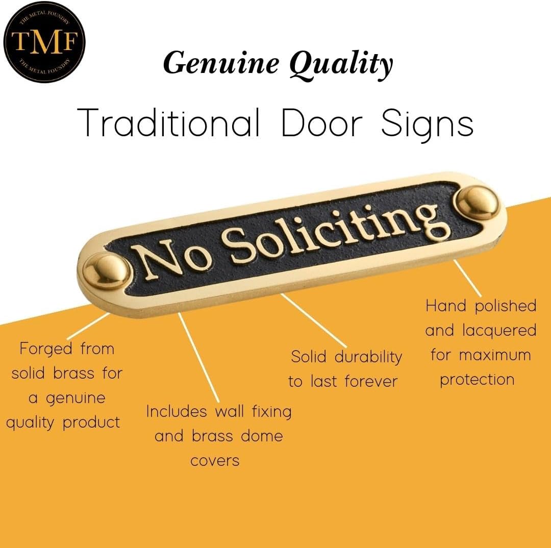 No Soliciting Brass Door Sign. Traditional Style Home Décor Wall Plaque Handmade By The Metal
