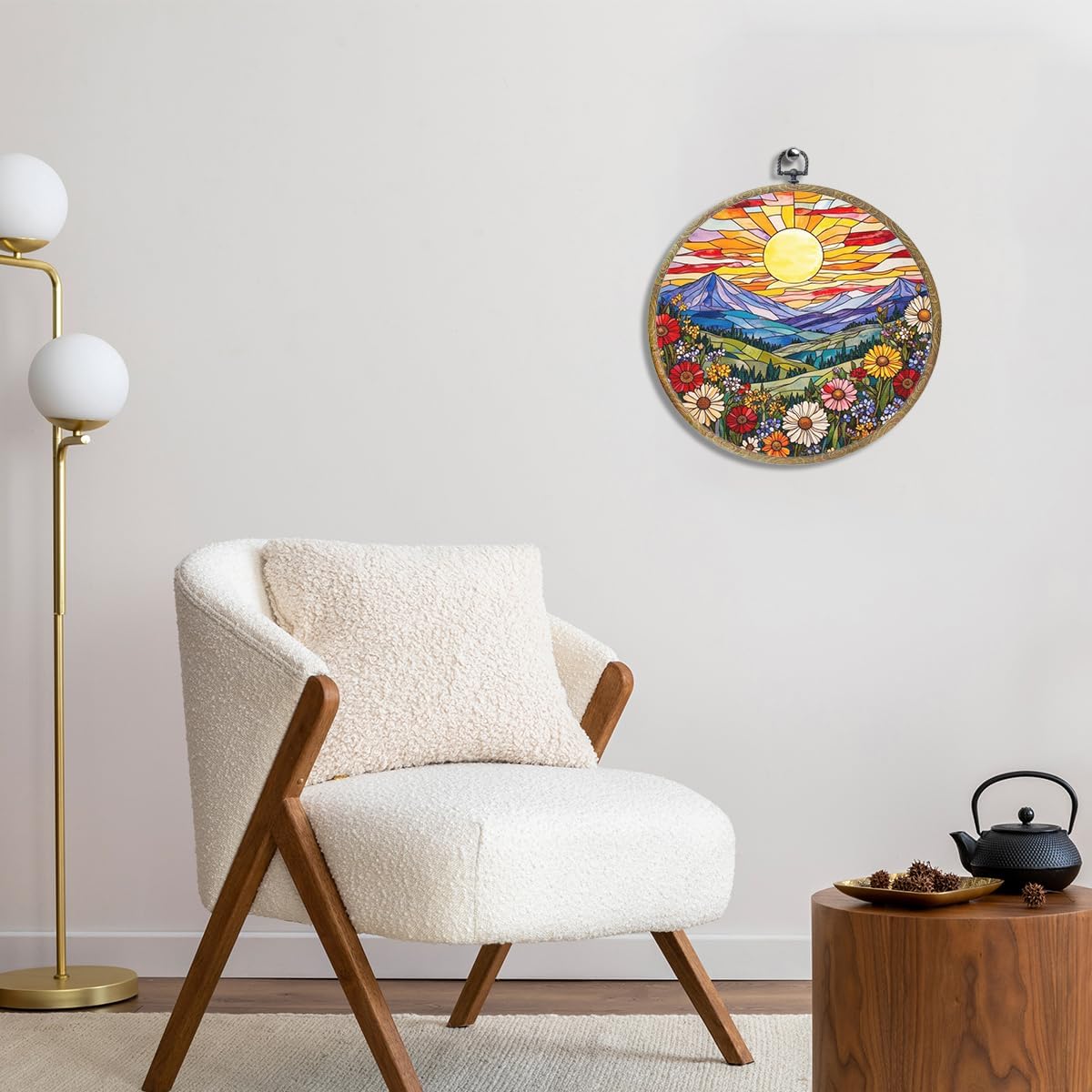 Wildflowers Sunset Flower Floral Garden Decor, Gift for Mom, Nature Lover Gift Framed Round Wall