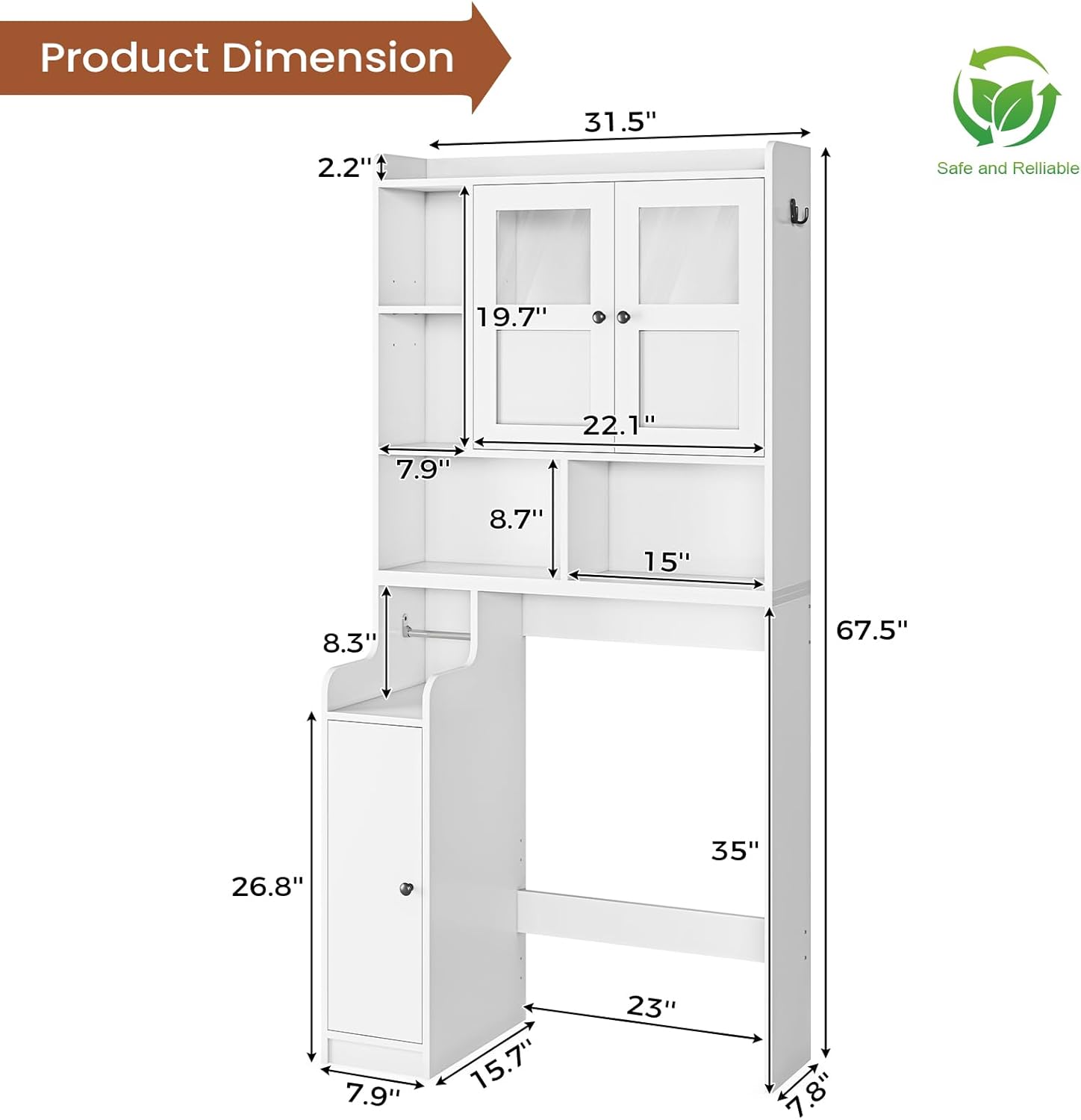 Itaar Over The Toilet Storage Cabinet, Over Toilet Bathroom Organizer with Glass Doors & Toilet