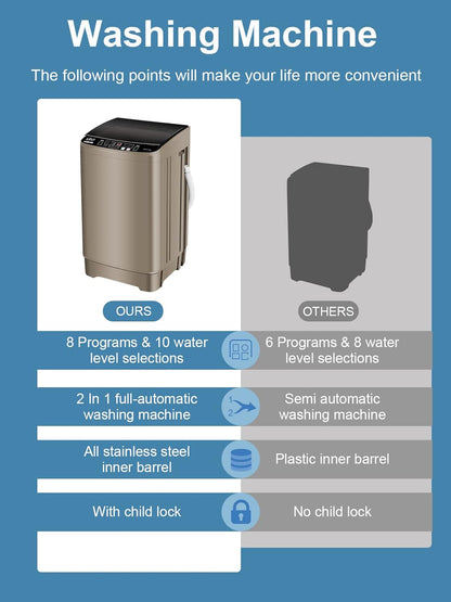 Full-Automatic Washing Machine 17.7 lbs Small Compact Portable 10 Wash Program & 8 Water Level