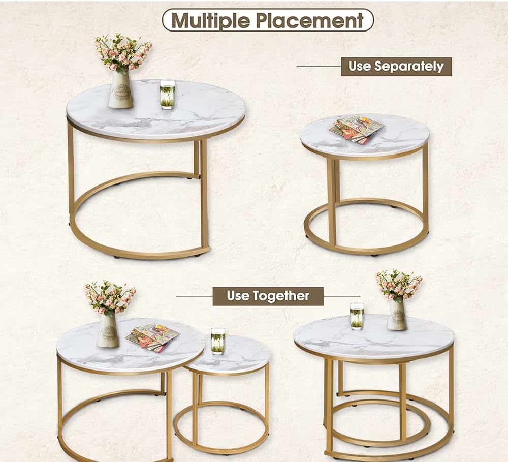 aboxoo Coffee Table Nesting White Set of 2 Side Set Golden Frame Circular Round and Marble Pattern