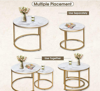 aboxoo Coffee Table Nesting White Set of 2 Side Set Golden Frame Circular Round and Marble Pattern