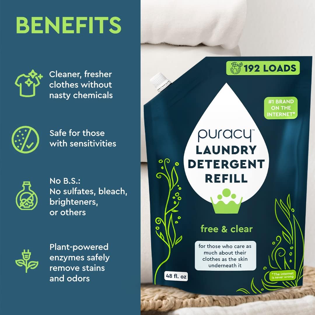 Puracy Laundry Detergent Refill - Enzyme-Powered Liquid Detergent Concentrate, Natural Laundry