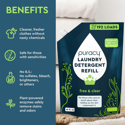 Puracy Laundry Detergent Refill - Enzyme-Powered Liquid Detergent Concentrate, Natural Laundry
