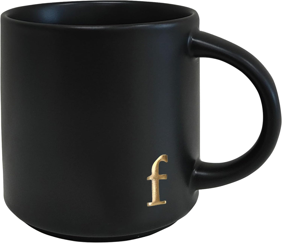 COLLECTIVE HOME - Black Monogram Ceramic Mugs, 15 oz Golden Initial Coffee Cups, Elegant Alphabet